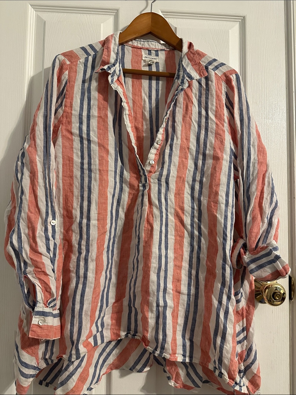 Artisan Ny Striped Button-Front Shirt in Coral, Navy & White